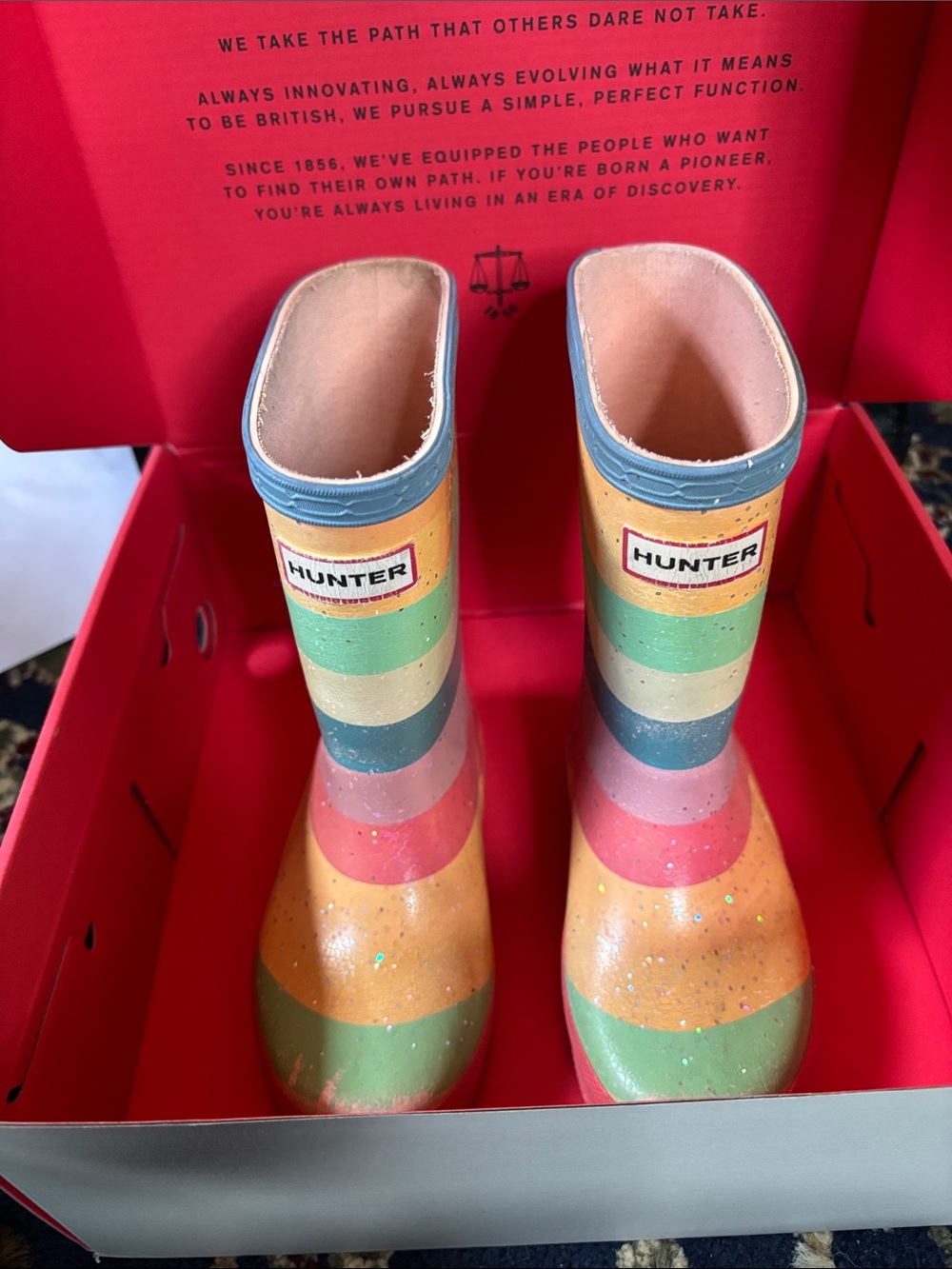 Hunter Kids Rainbow Striped Rain Boots in Green, Blue, Yellow, Pink